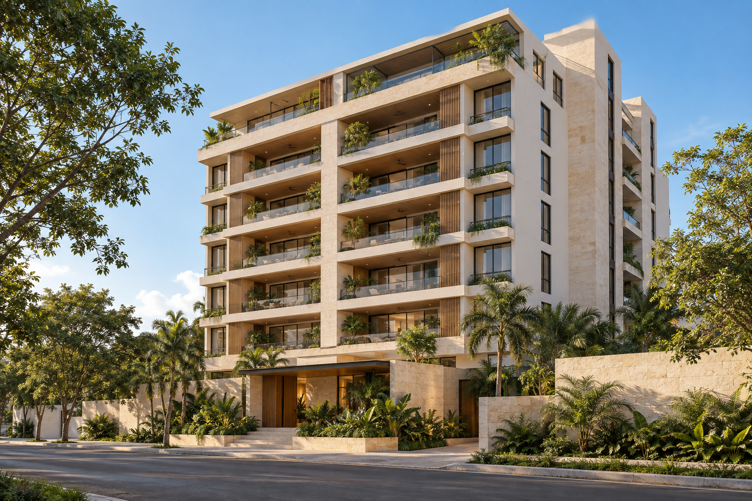 Render ilustrativo de la fachada de Residencias Altus, con terrazas y vegetación