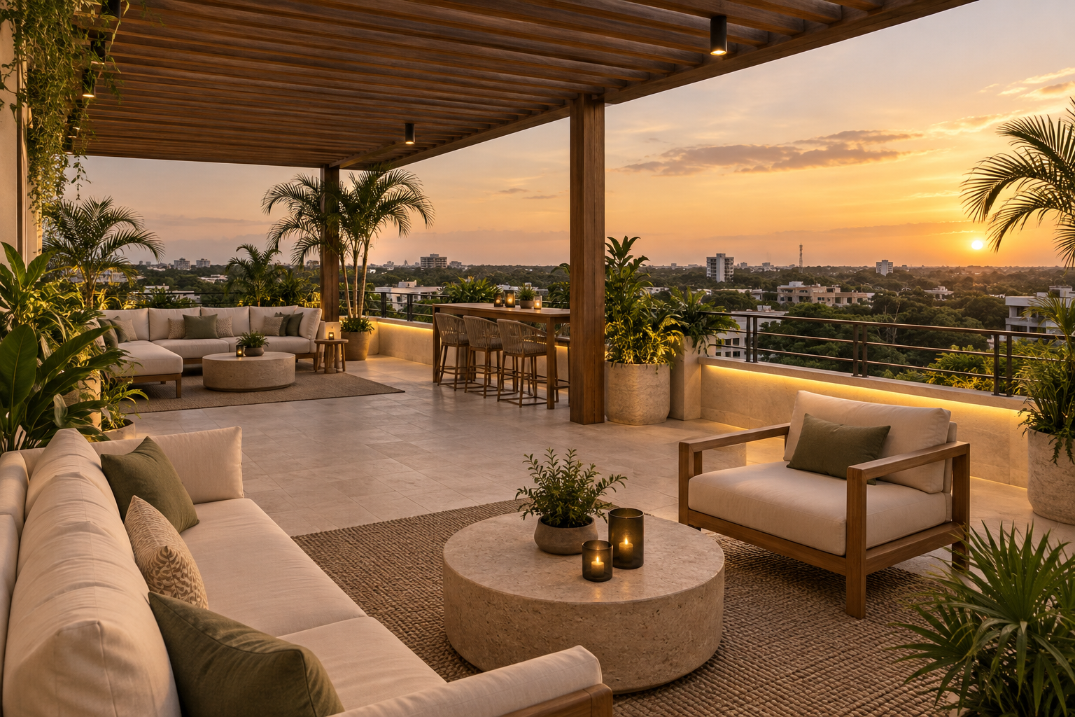 Render ilustrativo de una terraza Altus con vistas y áreas de descanso